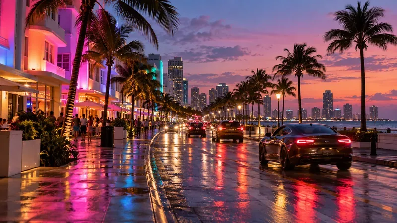 Neonverlichte boulevard met palmbomen, voorbijrijdende auto’s en lichtreflecties op nat asfalt langs de kust bij zonsondergang