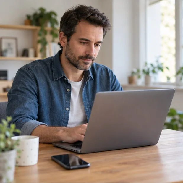 Un homme consulte un ordinateur portable posé sur un bureau, avec un smartphone à côté.