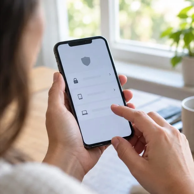 Une personne fait défiler des réglages de compte sur un smartphone, dont des icônes de cadenas et d’appareils.