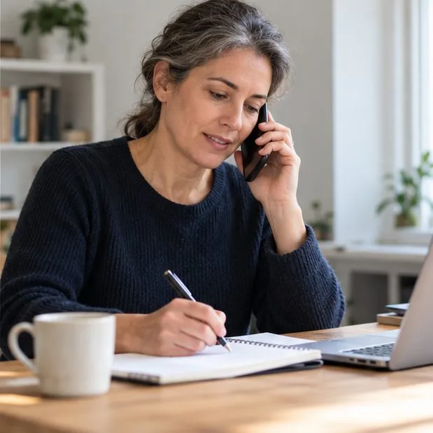 Une femme téléphone à un service d’assistance tout en prenant des notes dans un carnet.