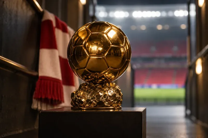 Złota piłka na ciemnym postumencie, z czerwono-białym szalikiem i rozświetlonym stadionem w tle