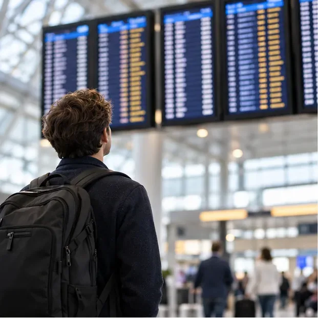 A traveler looks up at blurred flight information screens inside an airport terminal.