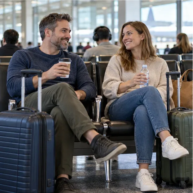 Two travelers wait with carry-on bags and drinks in an airport seating area.