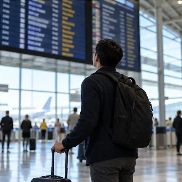 A traveler with a rolling suitcase checks the airport departure screen before continuing through the terminal.