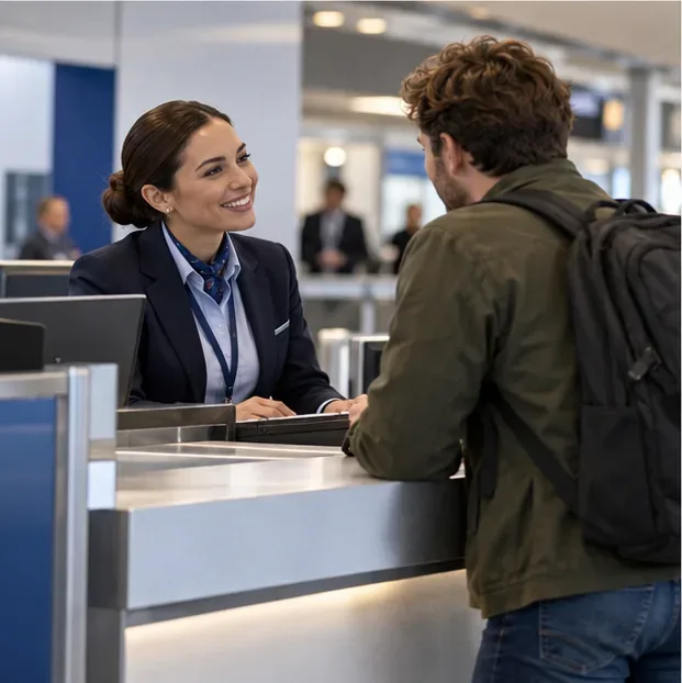 An airline representative speaks with a traveler at a customer service counter in an airport.