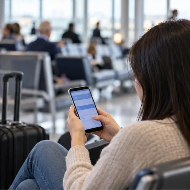 A traveler checks a flight booking on a smartphone while waiting beside carry-on luggage.