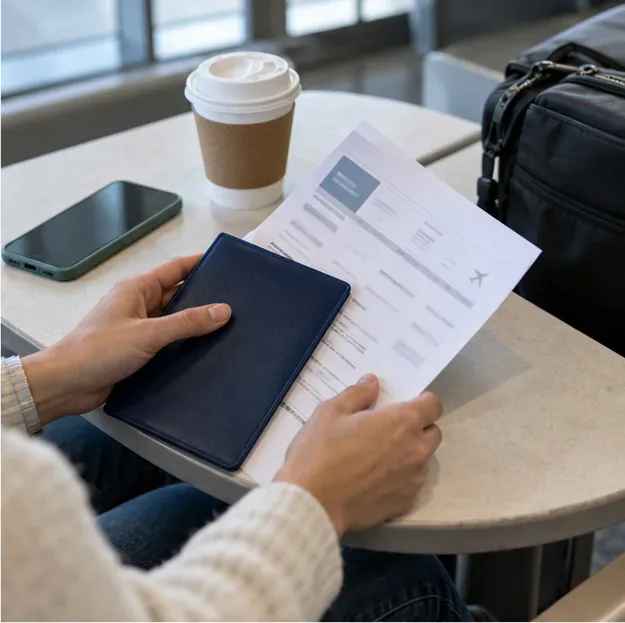 A traveler keeps a phone, passport cover, and printed booking papers together on an airport table.