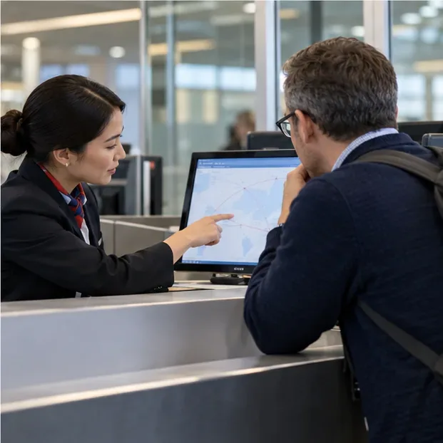 An airline agent points to route information on a monitor while a traveler listens at the service desk.
