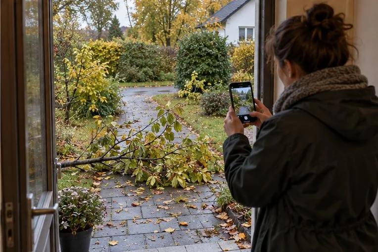 Eine Person fotografiert vom Türbereich aus einen Ast auf einem Gartenweg.
