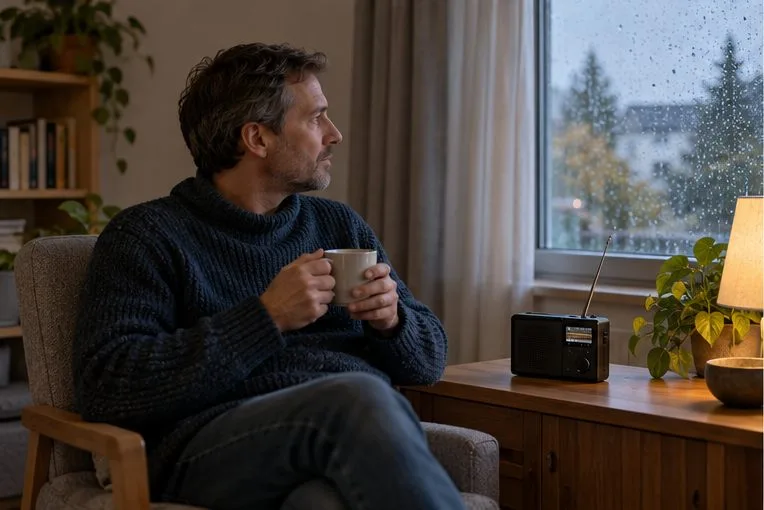 Eine Person sitzt mit einem Radio in einem Innenraum.