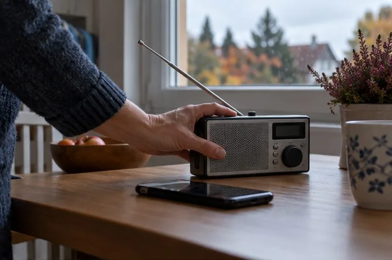 Ein Mobiltelefon und ein kleines Radio liegen auf einem Tisch bereit.
