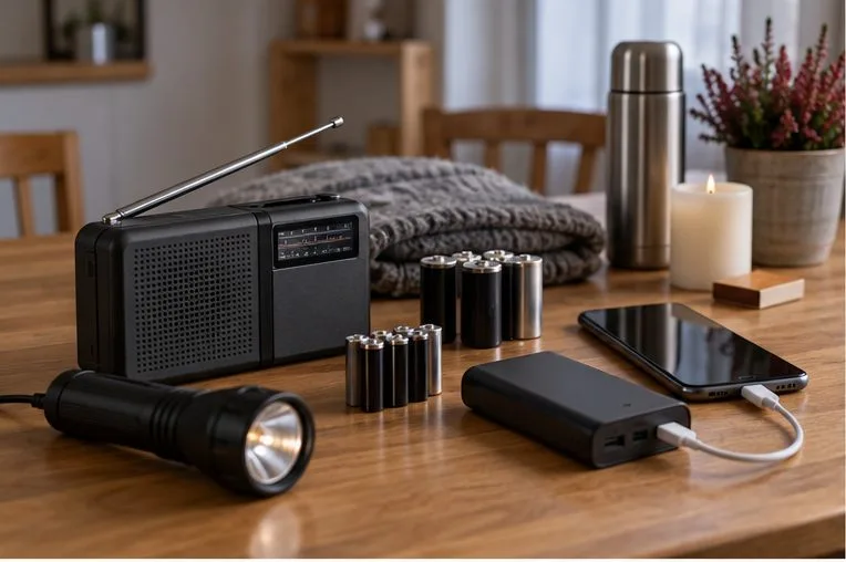 Taschenlampe, Batterien, Radio und Powerbank liegen auf einem Tisch.