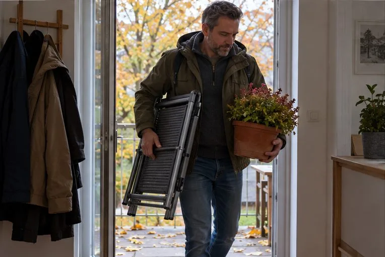 Eine Person trägt einen Balkonstuhl und einen Blumenkasten ins Haus.