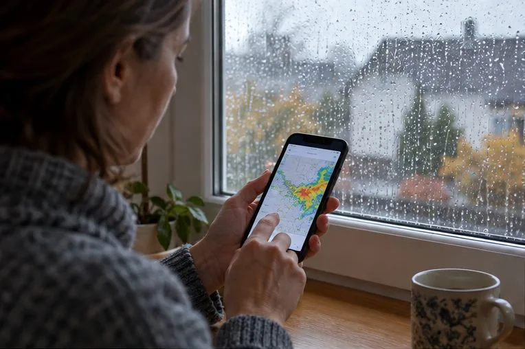 Eine Person prüft am Fenster eine Wetterkarte auf dem Smartphone.