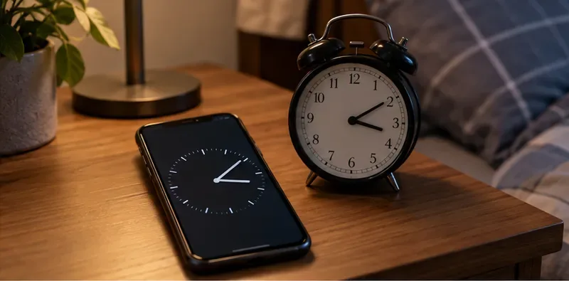 Un smartphone posé près d’un réveil analogique sur une table de nuit.