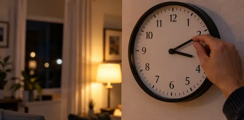 Une main ajuste les aiguilles d’une horloge murale dans une pièce éclairée le soir.
