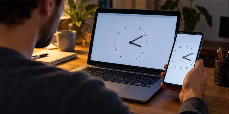Une personne compare l’affichage d’une horloge sur un ordinateur portable et un téléphone.