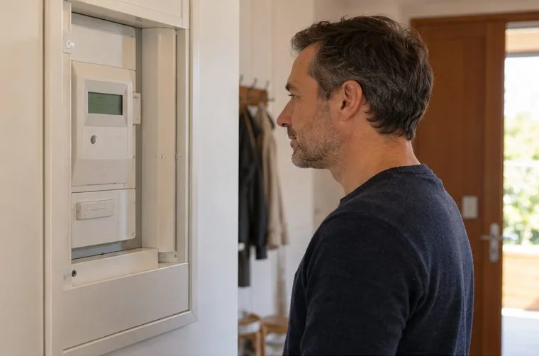 Un homme vérifie le compteur électrique installé dans un placard mural de son logement
