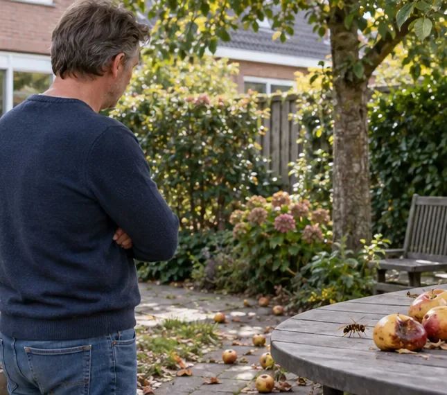 Een bewoner kijkt op afstand naar een insect bij gevallen fruit op een tuintafel
