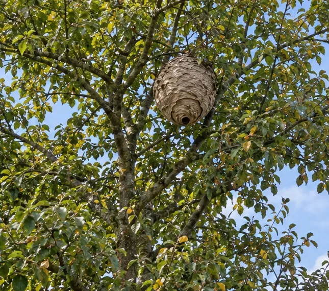 Een groot papierachtig nest hangt hoog tussen de takken van een groene boom