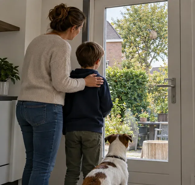Een ouder houdt een kind en hond binnen terwijl ze vanaf de gesloten tuindeur naar buiten kijken