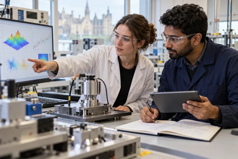 An engineer points to charts on a monitor while a colleague records notes beside a sensor assembly