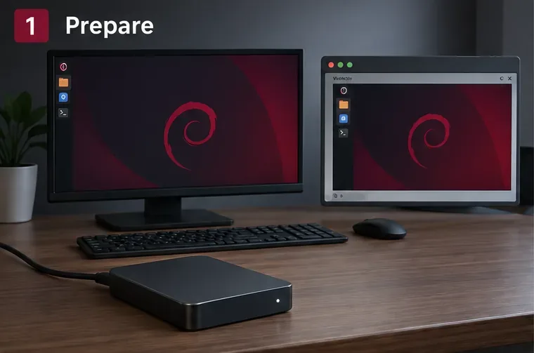 顯示器上顯示的是 Debian 桌面,旁邊是虛擬機器視窗和外部備份驅動器,說明了 OSTree 遷移前的準備工作。