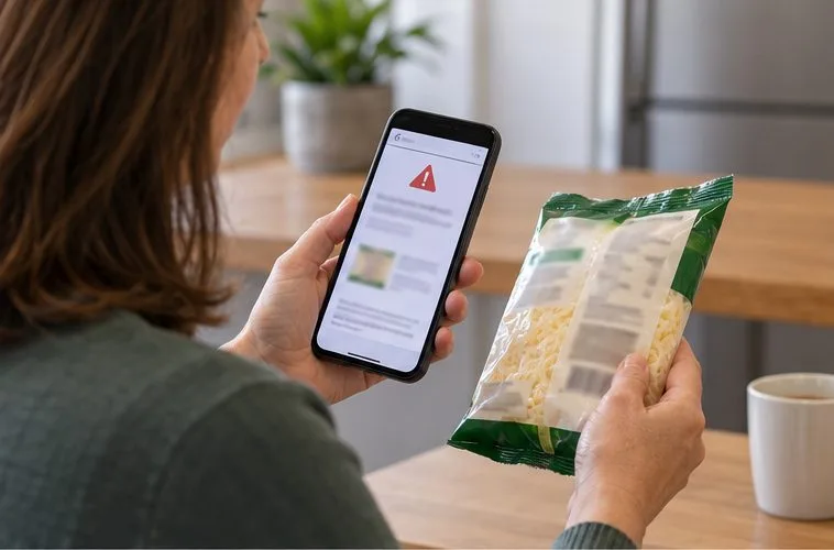 A shopper compares a sealed grocery item with recall information displayed on a smartphone