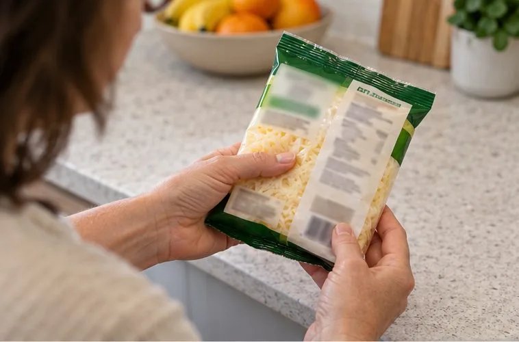 A shopper holds a sealed grocery package and checks the printed information on its label