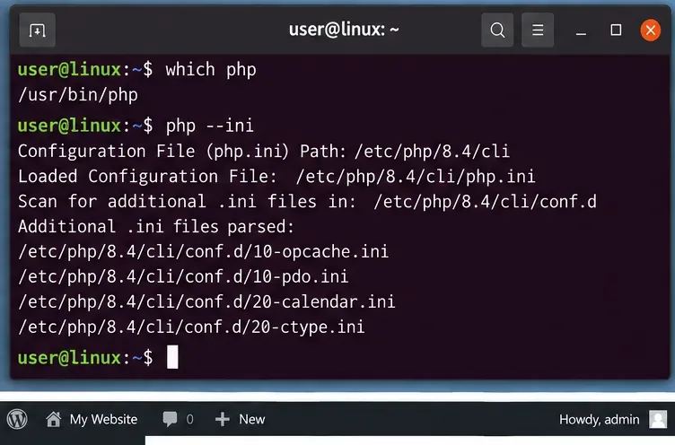 Terminal showing the php binary path and the php --ini configuration-file listing