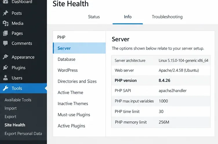 WordPress Site Health Info Server panel with a PHP version row