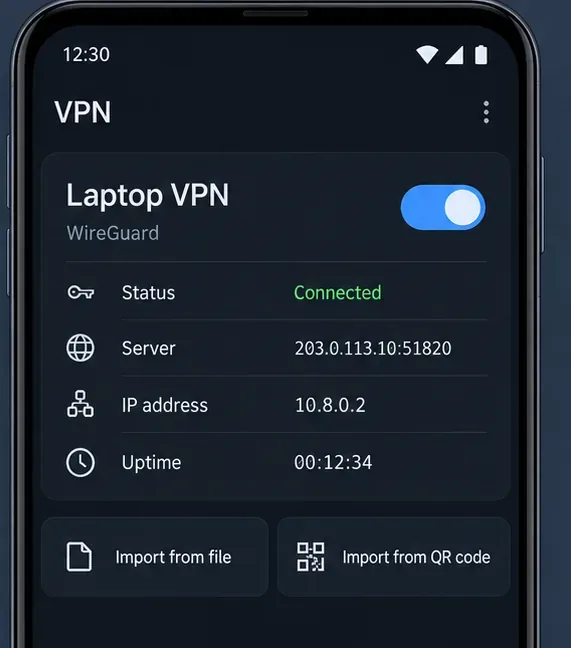 หน้าจอ VPN ทั่วไปของโทรศัพท์จะแสดงโปรไฟล์ VPN ของแล็ปท็อปที่ใช้งานอยู่ พร้อมรายละเอียดเซิร์ฟเวอร์และที่อยู่ของอุโมงค์