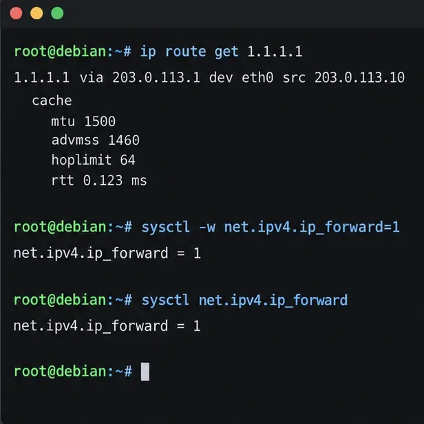 เทอร์มินัลของ Debian แสดงเส้นทางผ่าน eth0 และการเปิดใช้งานการส่งต่อ IPv4