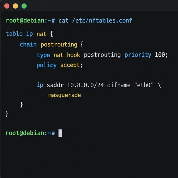 มุมมองการกำหนดค่า nftables แสดงการแปลงที่อยู่ IPv4 สำหรับซับเน็ต VPN 10.8.0.0/24 ผ่าน eth0