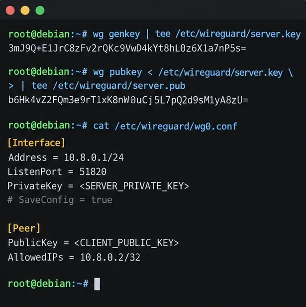 เทอร์มินัล Debian จะแสดงการสร้างคีย์ WireGuard และอินเทอร์เฟซ wg0 พร้อมไคลเอ็นต์ปลายทาง