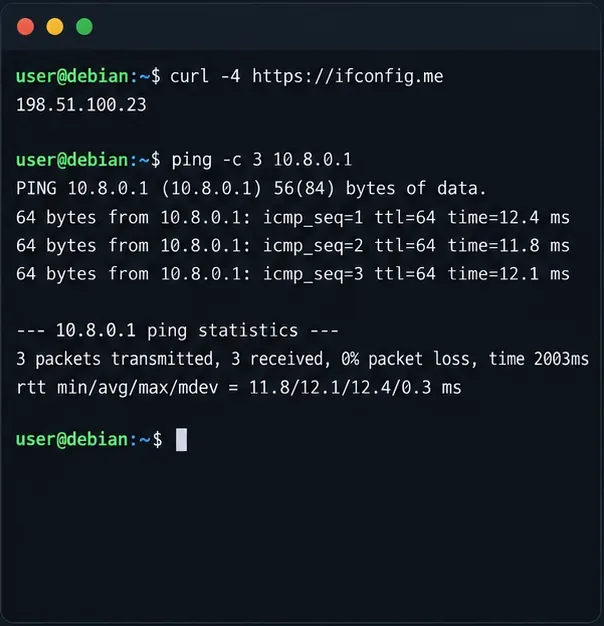 เทอร์มินัล Debian แสดงผลการตรวจสอบที่อยู่ IPv4 และการ ping ไปยังเซิร์ฟเวอร์ WireGuard ที่สำเร็จ