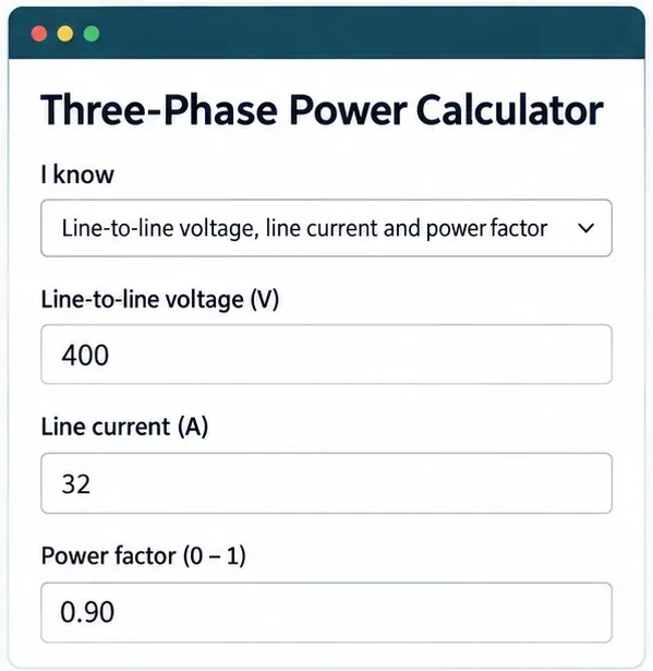 Esempio di calcolo con tensione di linea di 400 V, corrente di linea di 32 A e fattore di potenza di 0,90.