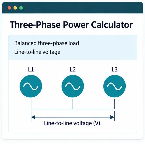 Tre fasi etichettate L1, L2 e L3 con un indicatore di tensione di linea, a illustrare l'ipotesi di bilanciamento trifase.