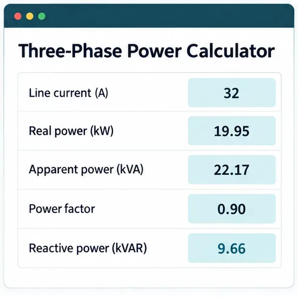 Tabella dei risultati illustrati per l'esempio 400 V, 32 A, 0,90: 19,95 kW, 22,17 kVA e 9,66 kVAR.