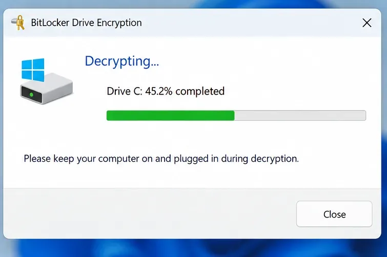 Windows BitLocker decryption progress dialog for drive C with a progress bar at 45.2 percent