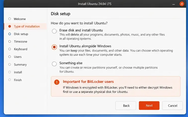 Ubuntu disk setup concept window with Install Ubuntu alongside Windows selected and a warning about BitLocker