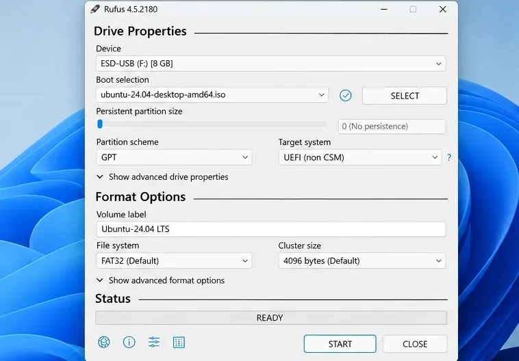 Rufus window with an Ubuntu 24.04 desktop ISO selected and GPT plus UEFI boot options visible