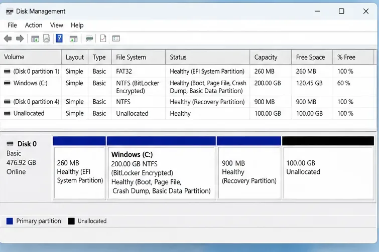 Windows Disk Management displays an EFI system partition, a BitLocker-encrypted Windows C drive, a recovery partition, and unallocated space