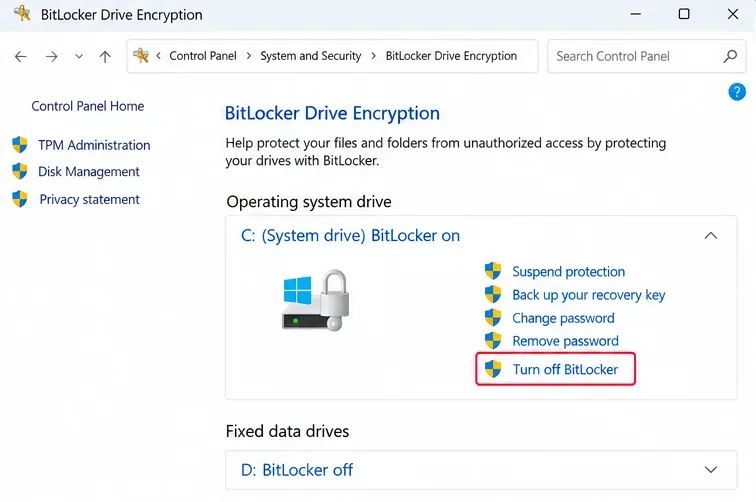 BitLocker Drive Encryption control panel showing a protected C drive with separate Suspend protection and Turn off BitLocker actions