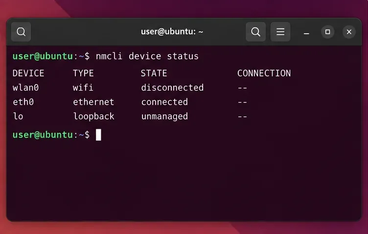 A terminal shows nmcli device status with a Wi-Fi interface listed as disconnected and Ethernet connected.