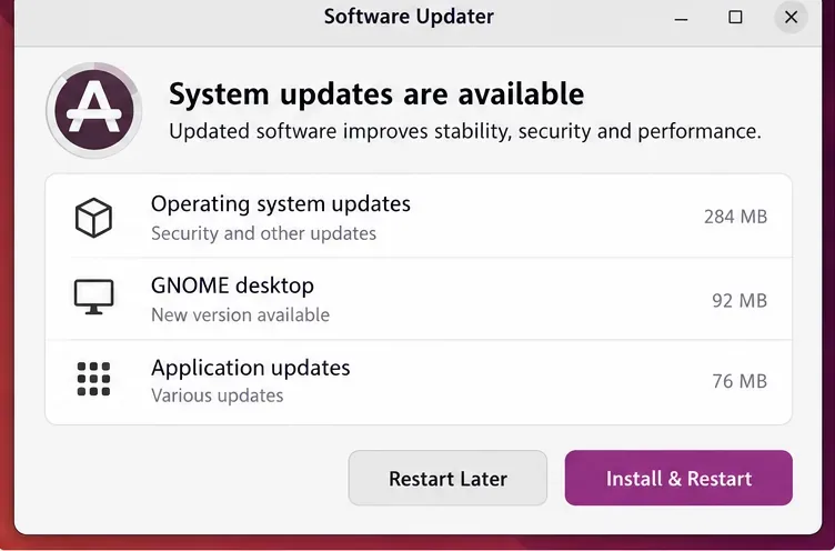 A Software Updater window lists operating system, GNOME desktop, and application updates with install and restart controls.