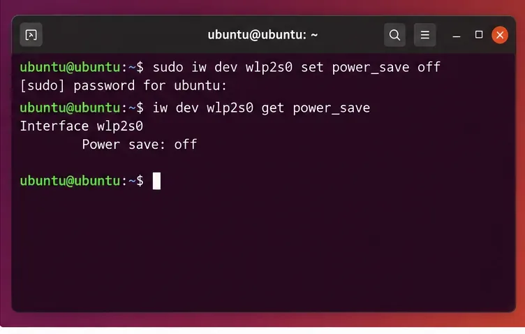 A terminal displays iw commands to disable wireless power saving and query its current state.