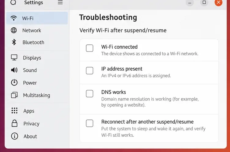 A troubleshooting checklist shows unchecked items for Wi-Fi, IP address, DNS, and another suspend-resume test beside Settings navigation.