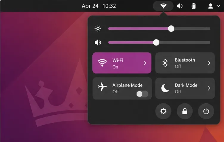 Ubuntu Quick Settings is open with Wi-Fi On and Airplane Mode Off visible in the panel.