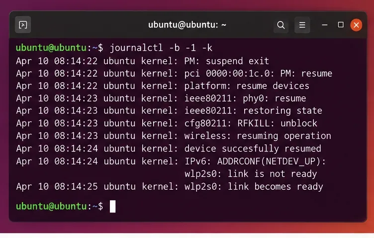 A terminal shows journalctl -b -1 -k and sample kernel messages around a wireless resume event.